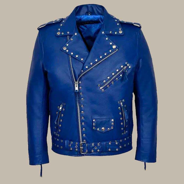 Blue Studded Motorcycle Leather Jacket, Leather Jacket, Mens Leather Jacket, Mens Leather Biker Jacket, Genuine Leather Jackets for Men