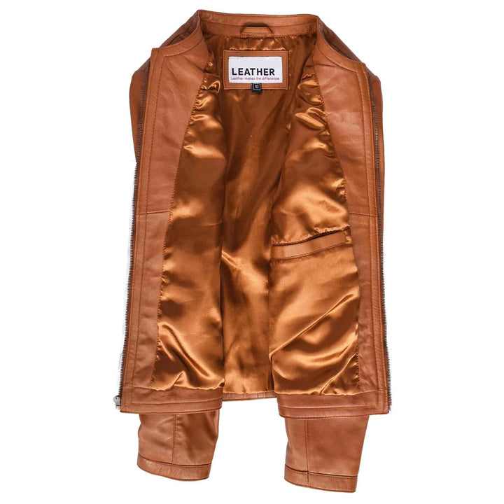 Womens Real Leather Collarless Fashion Jacket Slim Fit Style Tan, Handmade Custom Motorcycle Leather Jacket-Ladies Winter Leather Jacket
