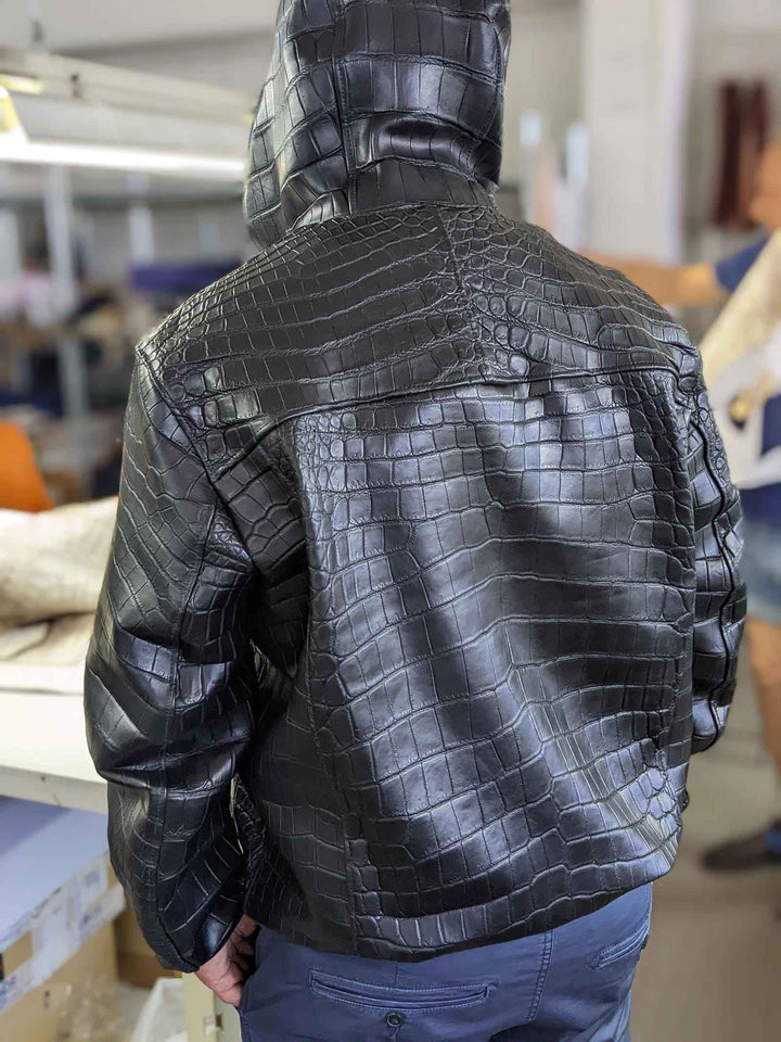 Men's Crocodile Embossed Genuine Cowhide Leather Jacket - Bomber Hooded Outerwear - Casual, Party, Cocktail, Travel Outfit - Gift For Him