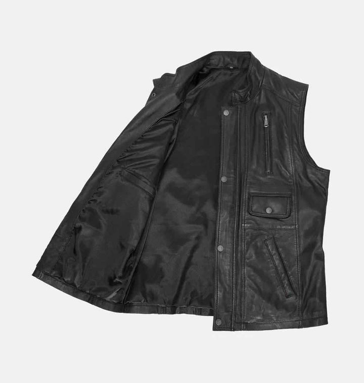 Mens Handmade Black Leather Hunting Vest, Fishing Vest, Leisure Vest, Leather Vest Casual Motorcycle Biker Leather Vest gift for him and dad