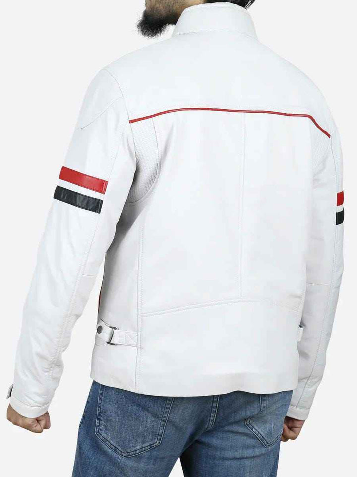 White Motorcycle Leather Jacket with Red and Black Stripes, Men's Real Leather Jacket, Customized Mens Jacket Gift for him, Gifts For Bikers