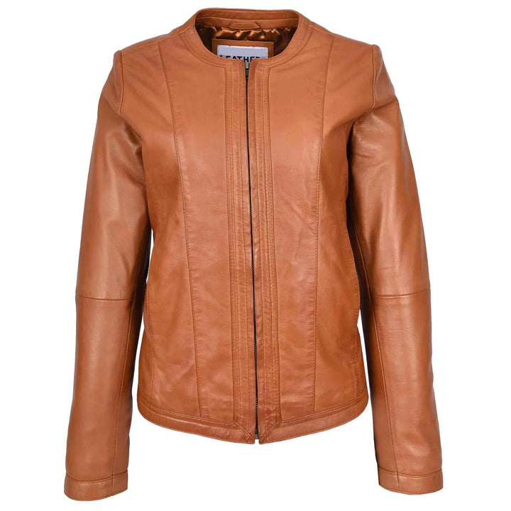 Womens Real Leather Collarless Fashion Jacket Slim Fit Style Tan, Handmade Custom Motorcycle Leather Jacket-Ladies Winter Leather Jacket