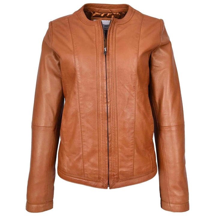 Womens Real Leather Collarless Fashion Jacket Slim Fit Style Tan, Handmade Custom Motorcycle Leather Jacket-Ladies Winter Leather Jacket