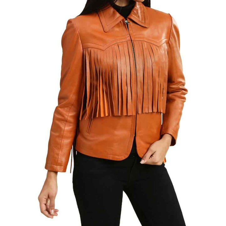 Women's Brown Genuine Lambskin Leather Fringe Jacket, Western Style Black Leather Fringed Jacket For Women, Festival Jacket, Christmas Gift