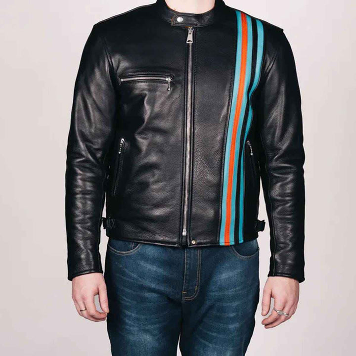 Black Motorcycle Leather Jacket with Red Blue Stripes Men's Real Leather Jacket, Motorcycle Leather Jacket, Customized Jacket Gift for him