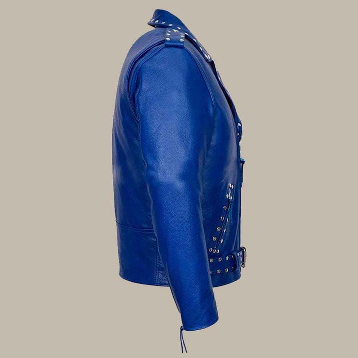 Blue Studded Motorcycle Leather Jacket, Leather Jacket, Mens Leather Jacket, Mens Leather Biker Jacket, Genuine Leather Jackets for Men