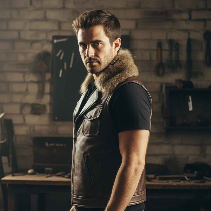 Men’s Brown Leather Biker Vest with Fur Collar, Genuine Sheepskin Hunting Café Racer Vest, Real Leather Sleeveless Jacket for Winter Fashion