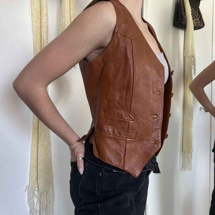 American Vintage Women's Brown Gilet, leather Vest For Ladies, Bikers vest, Fashion Vest, Women Motorcycle Vest, Genuine Leather Vest