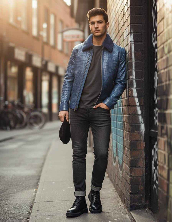 Genuine Crocodile Leather Jacket with Fur, Men's Crocodile /Alligator Leather Jacket Black Crocodile Pattern Embossed Crocodile Print Jacket