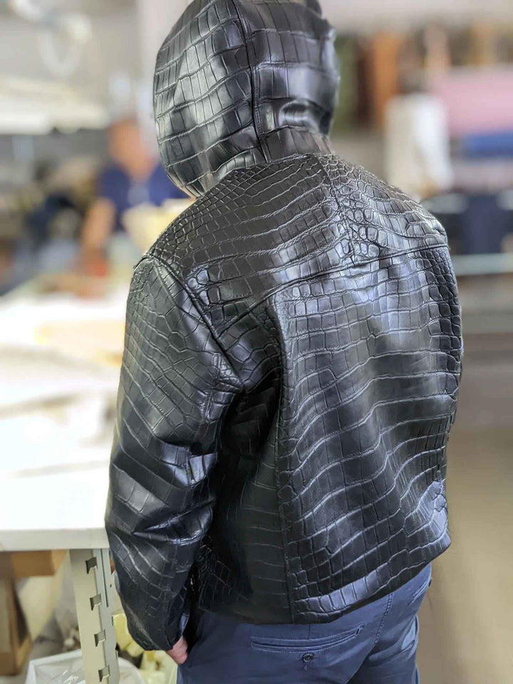 Men's Crocodile Embossed Genuine Cowhide Leather Jacket - Bomber Hooded Outerwear - Casual, Party, Cocktail, Travel Outfit - Gift For Him