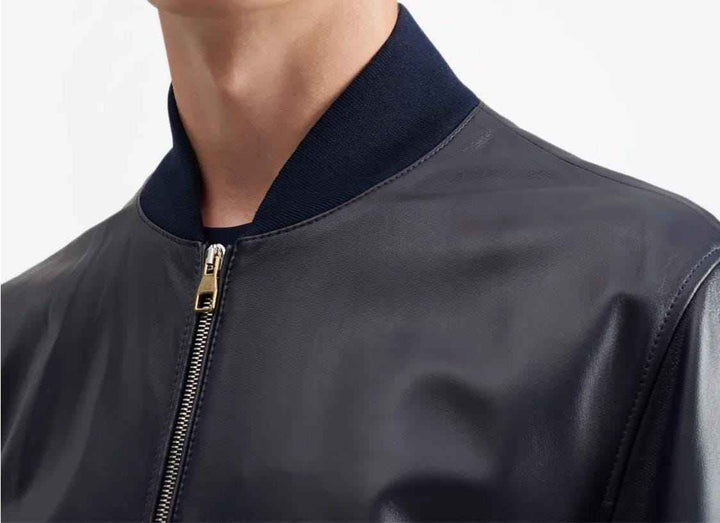 Men’s Blue Leather Bomber Jacket, Handmade Genuine Lambskin Casual Flight Style Ribbed Hems, Classic Slim Fit Lightweight Leather Jacket