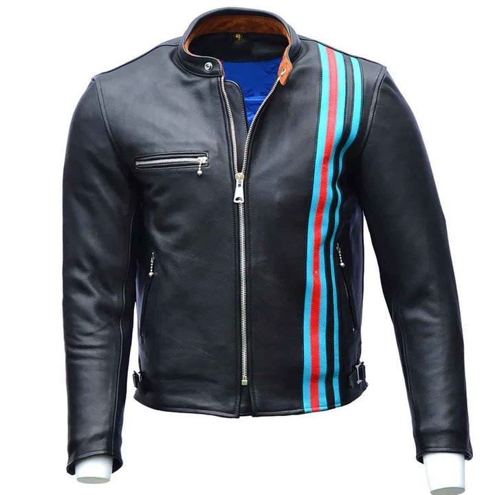 Black Motorcycle Leather Jacket with Red Blue Stripes Men's Real Leather Jacket, Motorcycle Leather Jacket, Customized Jacket Gift for him