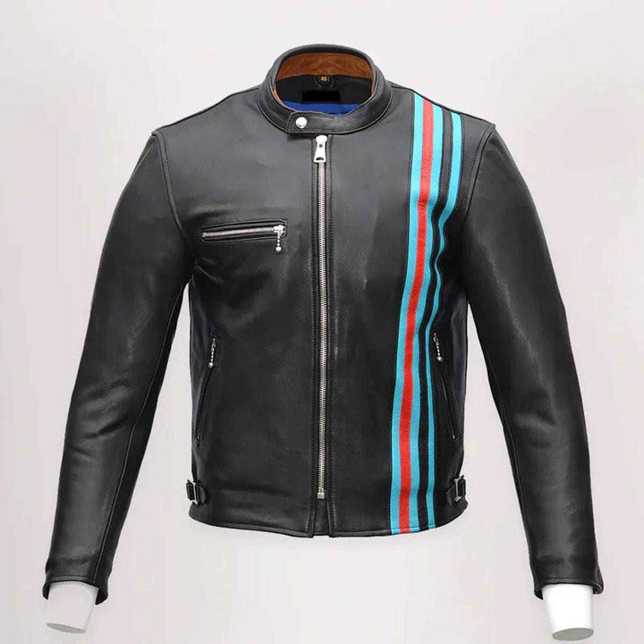Black Motorcycle Leather Jacket with Red Blue Stripes Men's Real Leather Jacket, Motorcycle Leather Jacket, Customized Jacket Gift for him