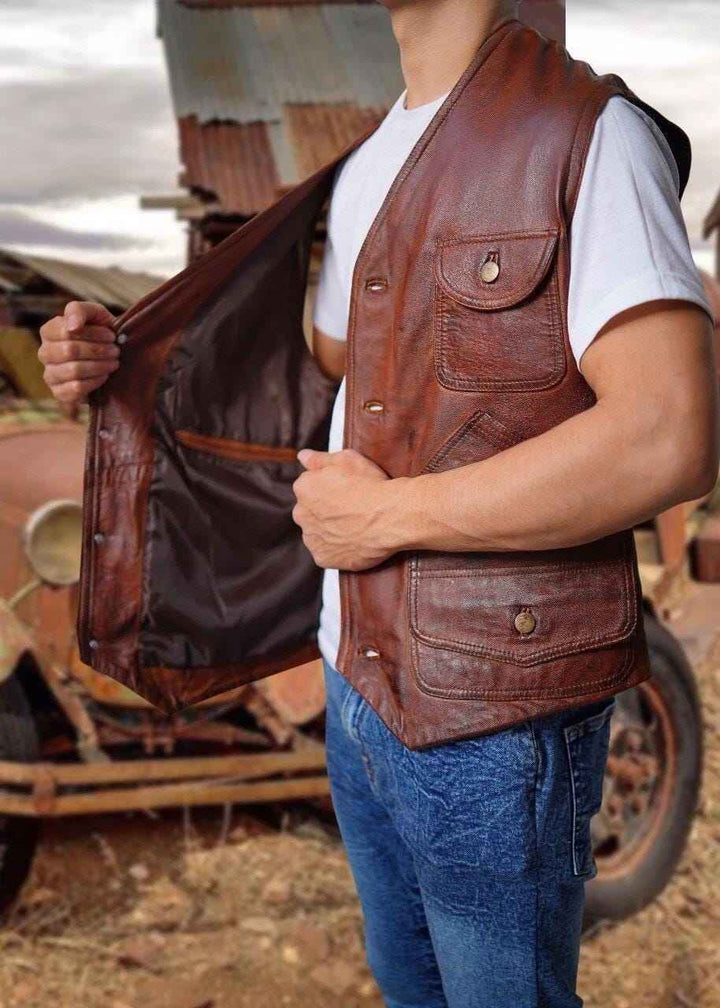 Men’s Real Leather Motorcycle Waxed Brown Distressed Leather Biker Jacket, Real Lambskin Casual Motorcycle Vest, Slim Leather Waistcoat
