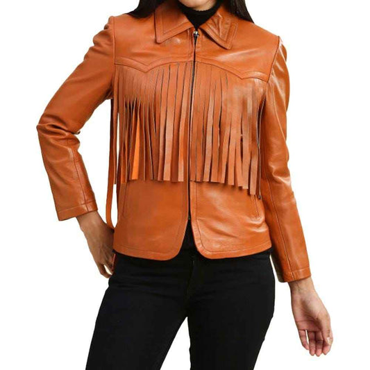 Women's Brown Genuine Lambskin Leather Fringe Jacket, Western Style Black Leather Fringed Jacket For Women, Festival Jacket, Christmas Gift