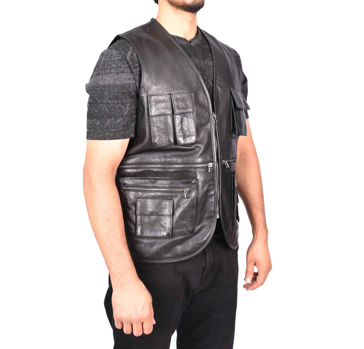 Real Leather Studded Biker Vest for Men – Men's Camping Military Style Leather Waistcoat Black Gustav, Handmade Cow Leather Motorcycle Vest