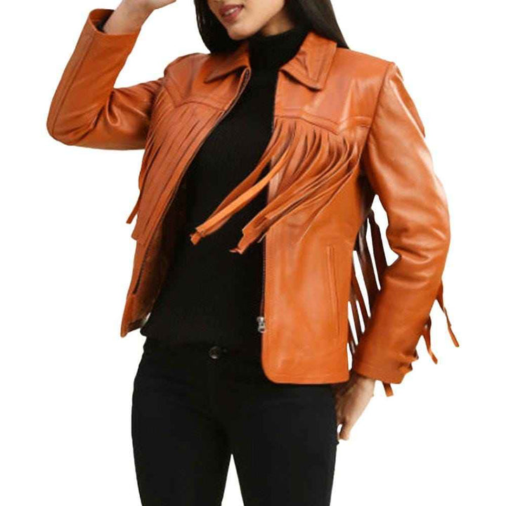 Women's Brown Genuine Lambskin Leather Fringe Jacket, Western Style Black Leather Fringed Jacket For Women, Festival Jacket, Christmas Gift
