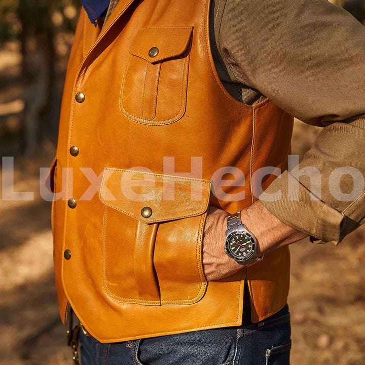 Men Classic Motorcycle Brown Leather Vest, Motorcycle Vest, Leather Jacket Men, Hunting Fishing Vest, Handmade Genuine Leather Custom Vest