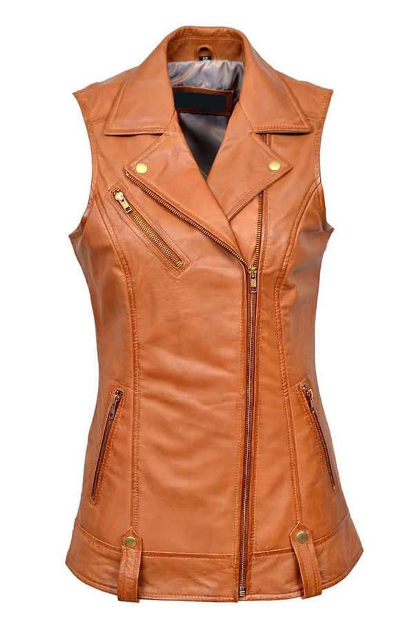 Luxury New Ladies Biker Waistcoat Tan Real Nappa Leather Casual Style Design | Real Leather Biker Vest | Women's Leather Vest | Gift for her