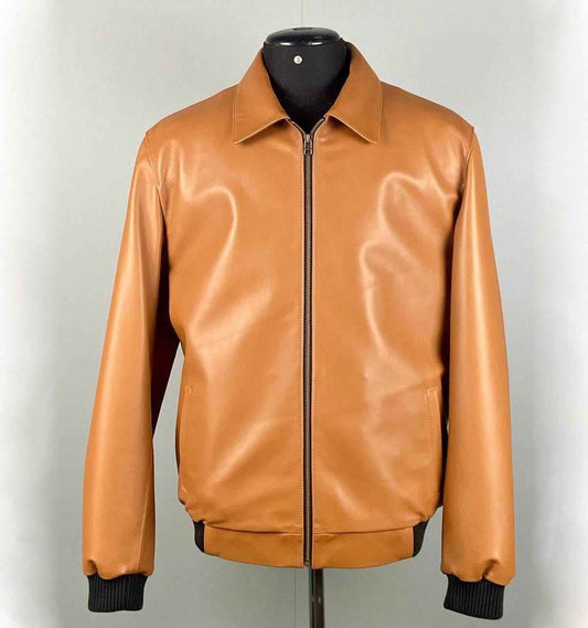 Handmade Men's Leather Bomber Jacket Lambskin Casual Tan Brown Leather Biker Jacket Vintage Leather Winter Jacket, Motorcycle Biker Jacket