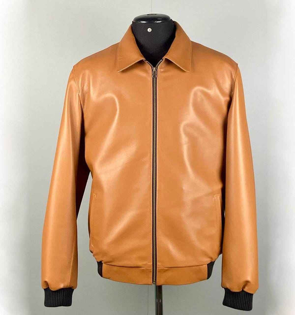 Handmade Men's Leather Bomber Jacket Lambskin Casual Tan Brown Leather Biker Jacket Vintage Leather Winter Jacket, Motorcycle Biker Jacket