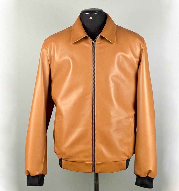 Handmade Men's Leather Bomber Jacket Lambskin Casual Tan Brown Leather Biker Jacket Vintage Leather Winter Jacket, Motorcycle Biker Jacket