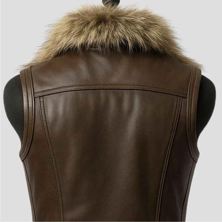 Men’s Brown Leather Biker Vest with Fur Collar, Genuine Sheepskin Hunting Café Racer Vest, Real Leather Sleeveless Jacket for Winter Fashion
