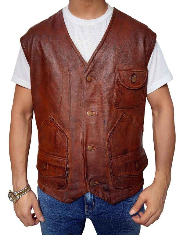 Men’s Real Leather Motorcycle Waxed Brown Distressed Leather Biker Jacket, Real Lambskin Casual Motorcycle Vest, Slim Leather Waistcoat