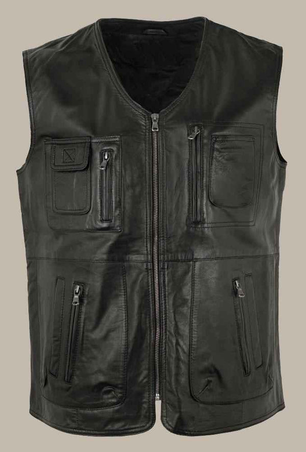 Mens Handmade Black Vintage Biker Vest, Genuine Sheepskin Hunting Café Racer Vest, Real Lambskin Casual Motorcycle Vest, Slim Leather Vest