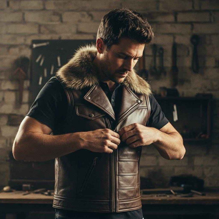 Men’s Brown Leather Biker Vest with Fur Collar, Genuine Sheepskin Hunting Café Racer Vest, Real Leather Sleeveless Jacket for Winter Fashion