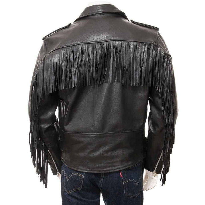 Men's American Moto Genuine Cowhide Leather Jacket with Fringe Cowboy Jacket, Men Fringe Leather Jacket, Men Moto Jacket, Black -fringed