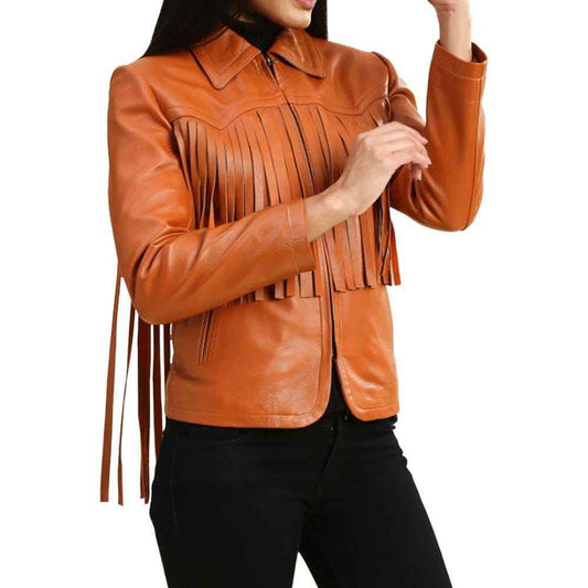 Women's Brown Genuine Lambskin Leather Fringe Jacket, Western Style Black Leather Fringed Jacket For Women, Festival Jacket, Christmas Gift