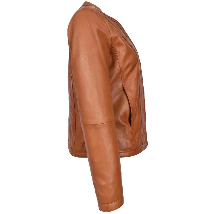 Womens Real Leather Collarless Fashion Jacket Slim Fit Style Tan, Handmade Custom Motorcycle Leather Jacket-Ladies Winter Leather Jacket