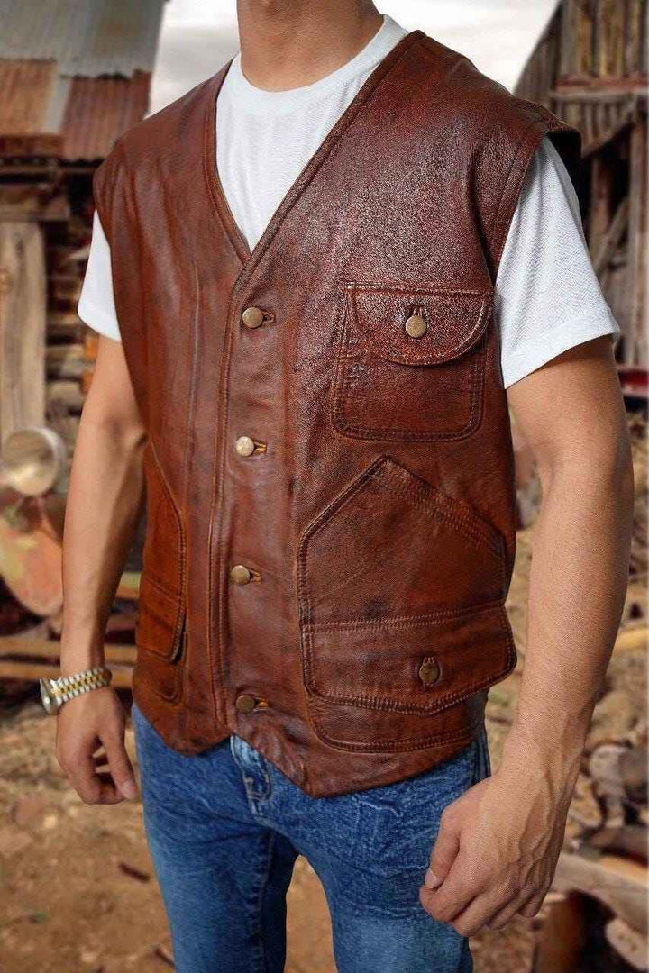 Men’s Real Leather Motorcycle Waxed Brown Distressed Leather Biker Jacket, Real Lambskin Casual Motorcycle Vest, Slim Leather Waistcoat