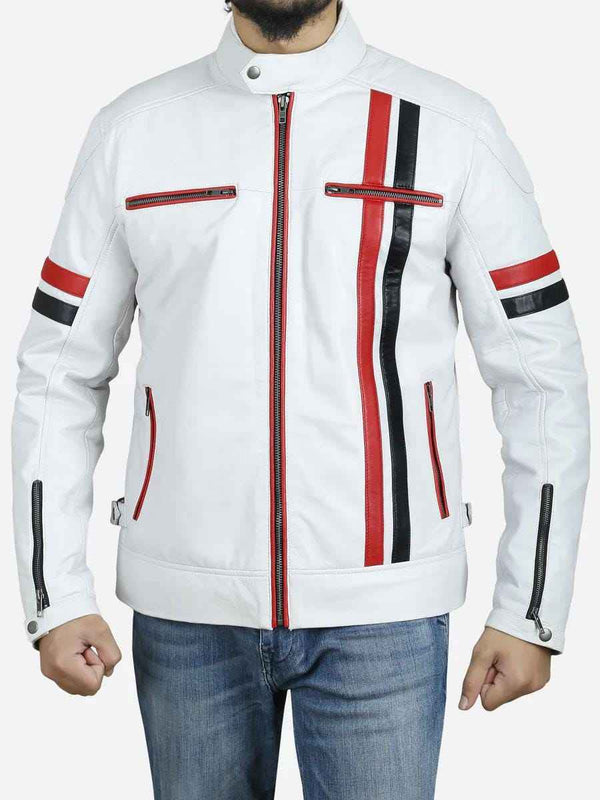 White Motorcycle Leather Jacket with Red and Black Stripes, Men's Real Leather Jacket, Customized Mens Jacket Gift for him, Gifts For Bikers