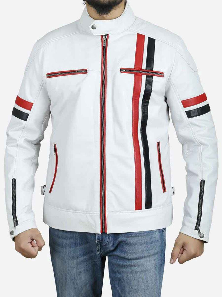 White Motorcycle Leather Jacket with Red and Black Stripes, Men's Real Leather Jacket, Customized Mens Jacket Gift for him, Gifts For Bikers