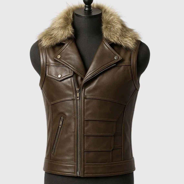 Men’s Brown Leather Biker Vest with Fur Collar, Genuine Sheepskin Hunting Café Racer Vest, Real Leather Sleeveless Jacket for Winter Fashion