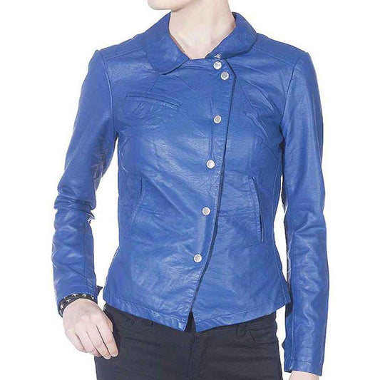 Women's Blue Leather Jacket-Handmade Real Leather Classic Fit Women's Jacket-Biker Fit Women's Leather Coat-Women's Casual Leather Wear