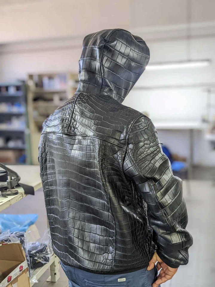 Men's Crocodile Embossed Genuine Cowhide Leather Jacket - Bomber Hooded Outerwear - Casual, Party, Cocktail, Travel Outfit - Gift For Him