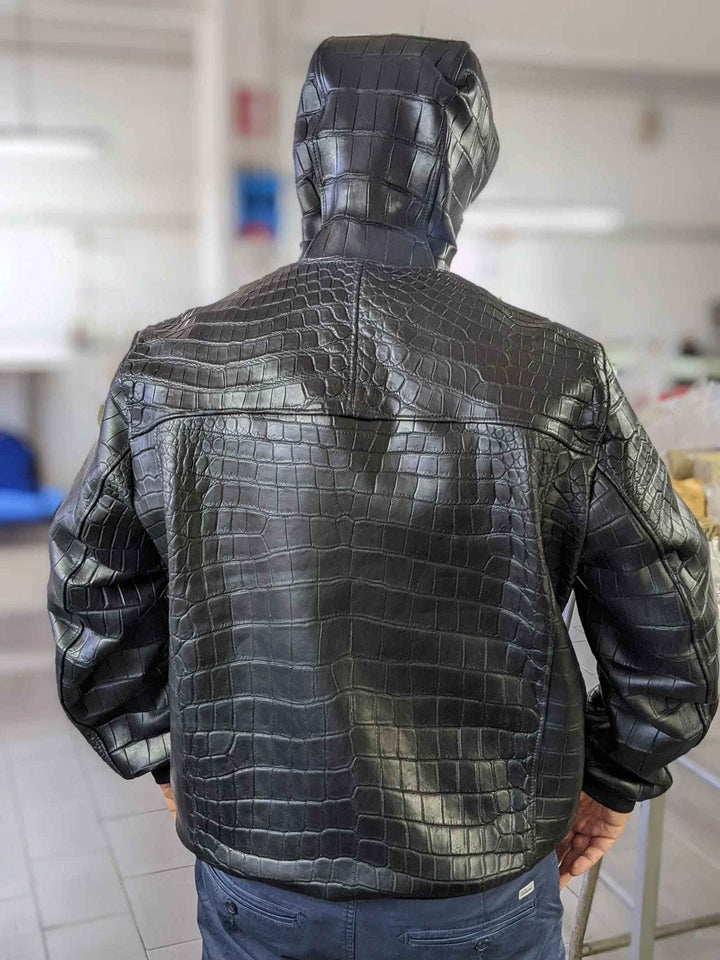 Men's Crocodile Embossed Genuine Cowhide Leather Jacket - Bomber Hooded Outerwear - Casual, Party, Cocktail, Travel Outfit - Gift For Him