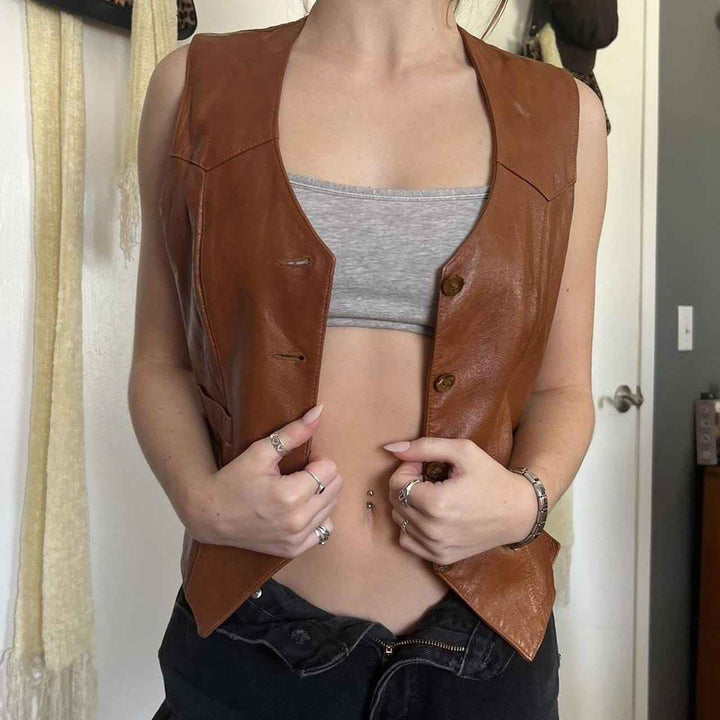 American Vintage Women's Brown Gilet, leather Vest For Ladies, Bikers vest, Fashion Vest, Women Motorcycle Vest, Genuine Leather Vest
