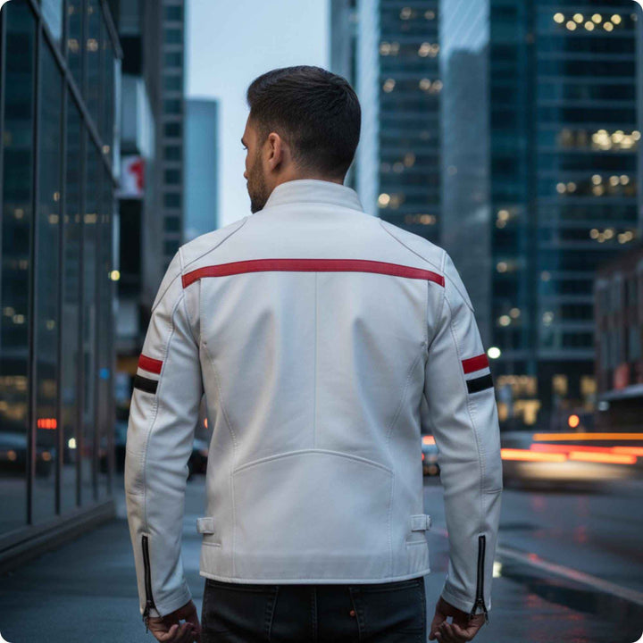 White Motorcycle Leather Jacket with Red and Black Stripes, Men's Real Leather Jacket, Customized Mens Jacket Gift for him, Gifts For Bikers