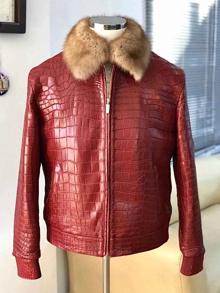 Genuine Crocodile Leather Jacket with Fur, Men's Crocodile /Alligator Leather Jacket Black Crocodile Pattern Embossed Crocodile Print Jacket