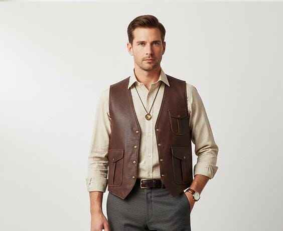 Handmade Mens Leather Vest - Brown Leather Vest -Black Leather Vest -Soft Sheepskin Vest- Motorcycle Vest Slim Jerkin Style -Free Express
