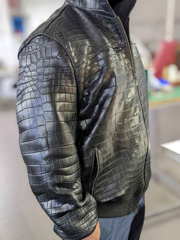 Men's Crocodile Embossed Genuine Cowhide Leather Jacket - Bomber Hooded Outerwear - Casual, Party, Cocktail, Travel Outfit - Gift For Him