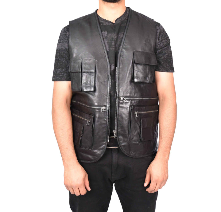 Real Leather Studded Biker Vest for Men – Men's Camping Military Style Leather Waistcoat Black Gustav, Handmade Cow Leather Motorcycle Vest