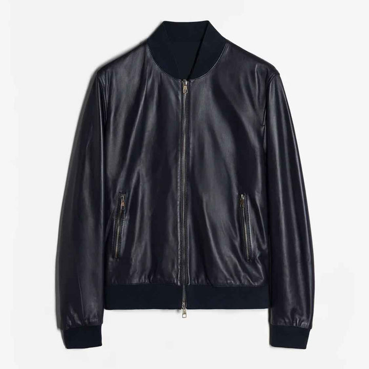 Men’s Blue Leather Bomber Jacket, Handmade Genuine Lambskin Casual Flight Style Ribbed Hems, Classic Slim Fit Lightweight Leather Jacket