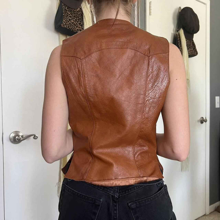 American Vintage Women's Brown Gilet, leather Vest For Ladies, Bikers vest, Fashion Vest, Women Motorcycle Vest, Genuine Leather Vest