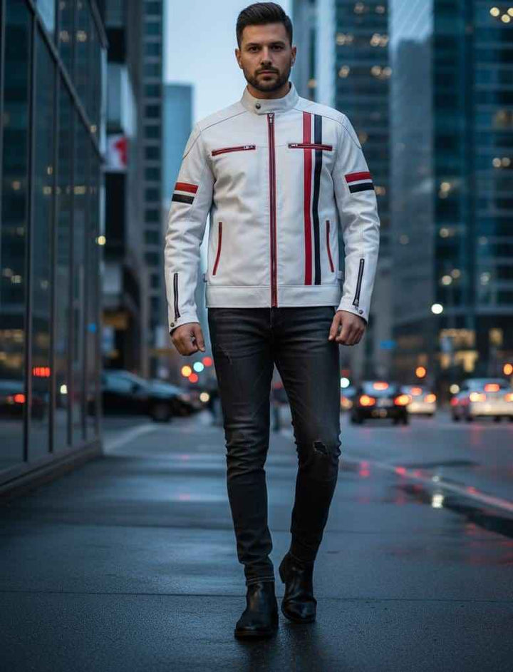 White Motorcycle Leather Jacket with Red and Black Stripes, Men's Real Leather Jacket, Customized Mens Jacket Gift for him, Gifts For Bikers