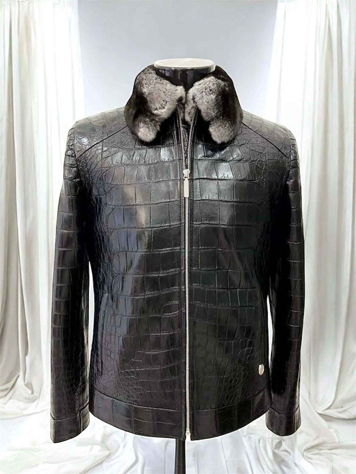 Genuine Crocodile Leather Jacket with Fur, Men's Crocodile /Alligator Leather Jacket Black Crocodile Pattern Embossed Crocodile Print Jacket